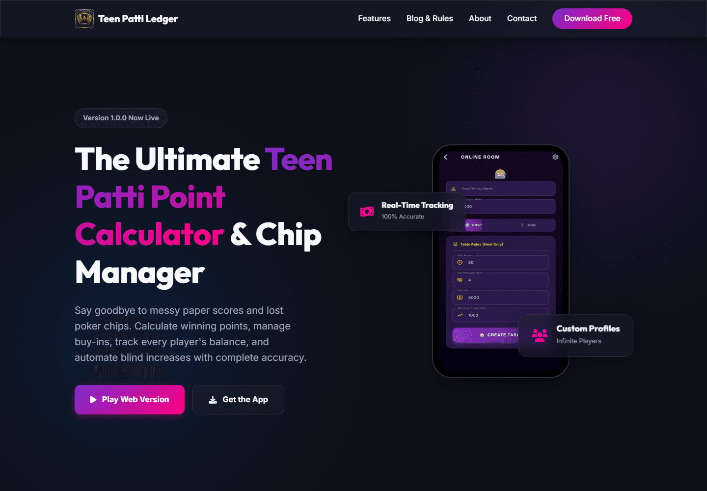 Teen Patti Ledger app homepage with web version and download actions